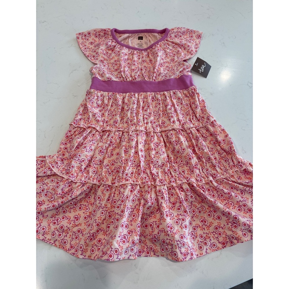 Tea Collection Girls Pink Purple Floral Tiered Cotton Dress Size 3 NWT